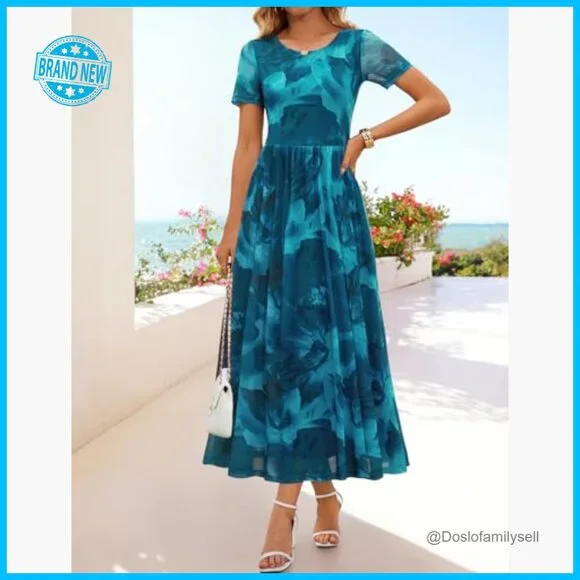 Floral Mesh Maxi Dress Short Sleeve Formal Wedding Guest A-Line Flowy - Picture 2 of 7